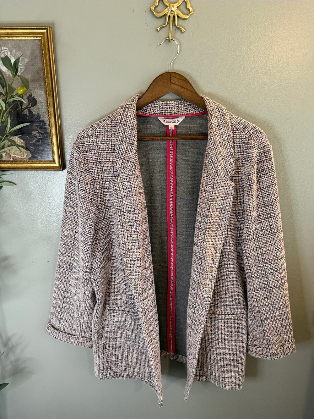 Nanette Lepore XL Boucle Tweed Blazer Jacket Pink Black Open Front Career Chic - Picture 4 of 8